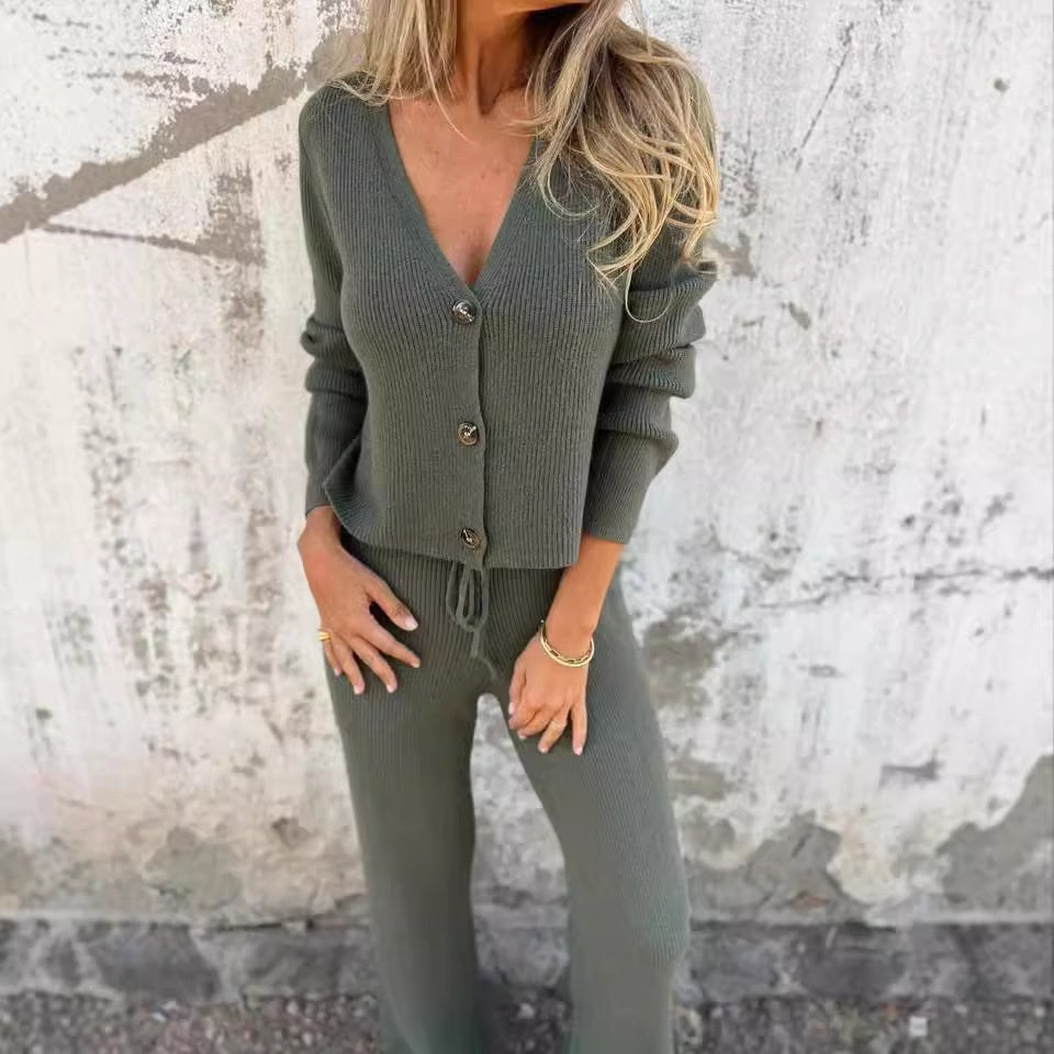 Noor - Dames Vest Set Herfst Gebreid met Knoopsluiting en Wijde Broek