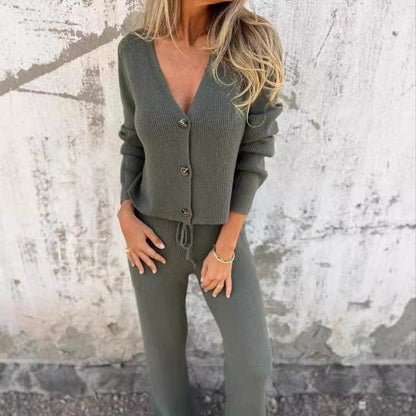 Noor - Dames Vest Set Herfst Gebreid met Knoopsluiting en Wijde Broek