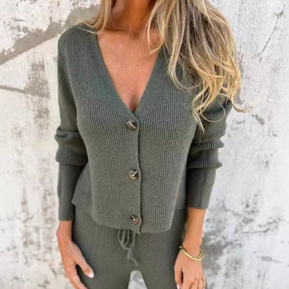 Noor - Dames Vest Set Herfst Gebreid met Knoopsluiting en Wijde Broek