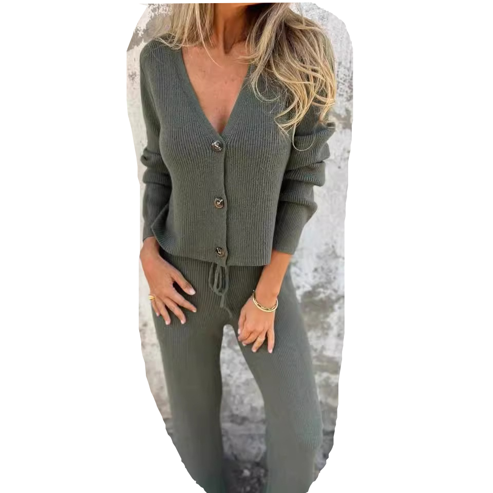 Noor - Dames Vest Set Herfst Gebreid met Knoopsluiting en Wijde Broek