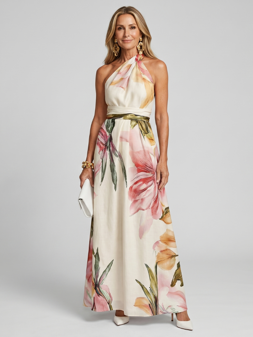 Noor - Elegante Bruiloft Gast Jurk Dames Maxi met Halterhals en Bloemenprint