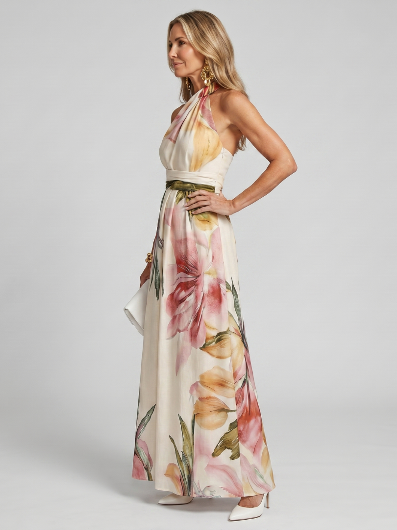 Noor - Elegante Bruiloft Gast Jurk Dames Maxi met Halterhals en Bloemenprint