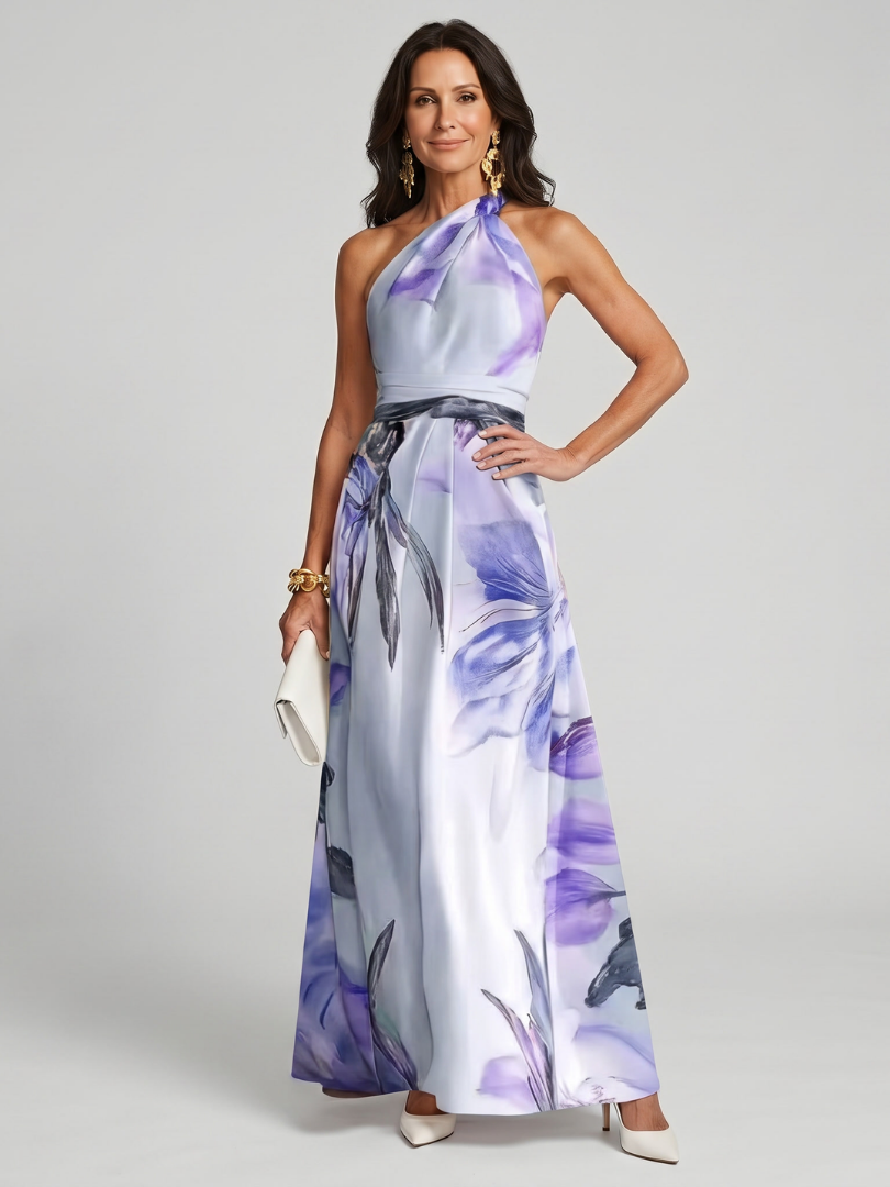 Noor - Elegante Bruiloft Gast Jurk Dames Maxi met Halterhals en Bloemenprint