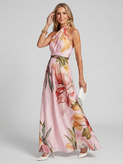 Noor - Elegante Bruiloft Gast Jurk Dames Maxi met Halterhals en Bloemenprint