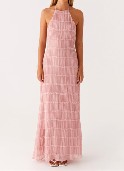 Noor - Elegante Bruiloft Gastenjurk Dames met Halternek en Getextureerde Maxi Rok
