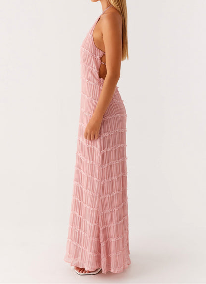 Noor - Elegante Bruiloft Gastenjurk Dames met Halternek en Getextureerde Maxi Rok