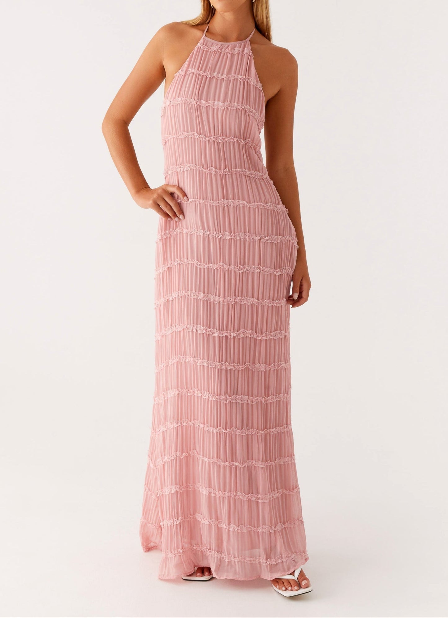 Noor - Elegante Bruiloft Gastenjurk Dames met Halternek en Getextureerde Maxi Rok