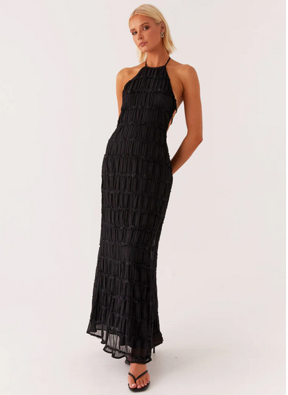 Noor - Elegante Bruiloft Gastenjurk Dames met Halternek en Getextureerde Maxi Rok