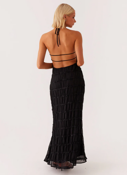 Noor - Elegante Bruiloft Gastenjurk Dames met Halternek en Getextureerde Maxi Rok