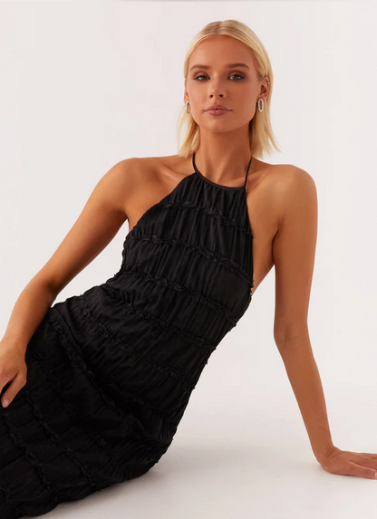 Noor - Elegante Bruiloft Gastenjurk Dames met Halternek en Getextureerde Maxi Rok