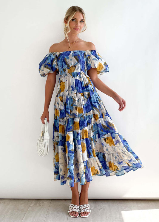 Noor - Elegante Bruiloft Gastenjurk Dames met Off-Shoulder en Gesmockte Taille
