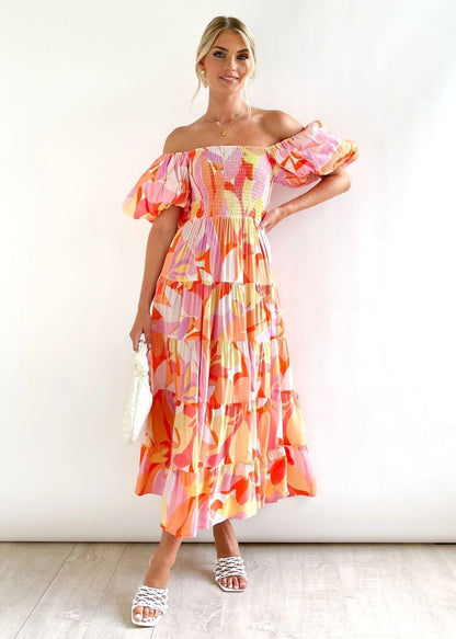 Noor - Elegante Bruiloft Gastenjurk Dames met Off-Shoulder en Gesmockte Taille