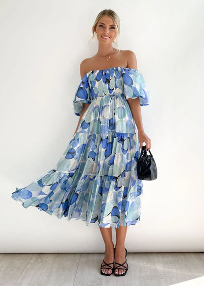 Noor - Elegante Bruiloft Gastenjurk Dames met Off-Shoulder en Gesmockte Taille