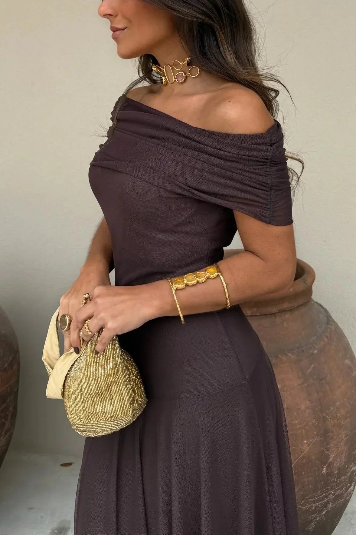 Noor - Elegante Bruiloft Gastenjurk Dames met One Shoulder en Vloeiende Maxi Rok