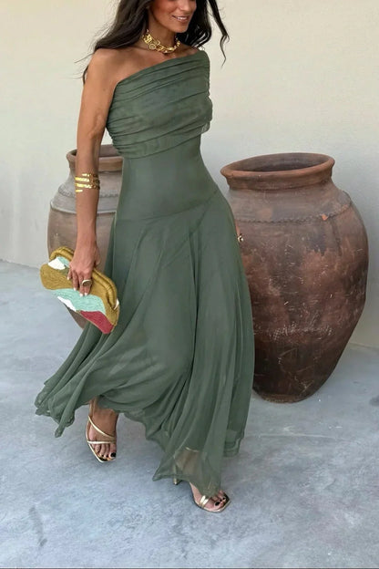 Noor - Elegante Bruiloft Gastenjurk Dames met One Shoulder en Vloeiende Maxi Rok