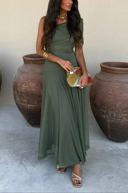 Noor - Elegante Bruiloft Gastenjurk Dames met One Shoulder en Vloeiende Maxi Rok