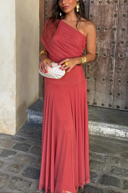 Noor - Elegante Bruiloft Gastenjurk Dames met One Shoulder en Vloeiende Maxi Rok