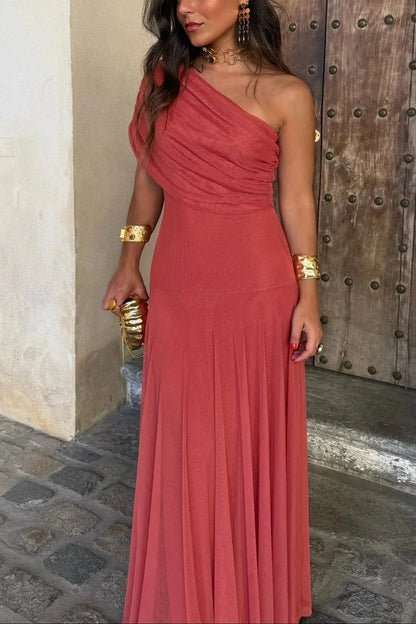 Noor - Elegante Bruiloft Gastenjurk Dames met One Shoulder en Vloeiende Maxi Rok