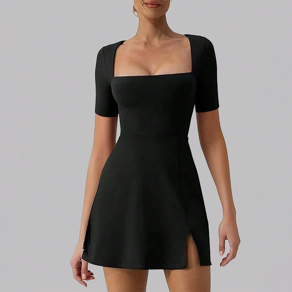 Noor - Elegante Bruiloft Gastenjurk Dames met Vierkante Hals en Uitlopende Mini Rok