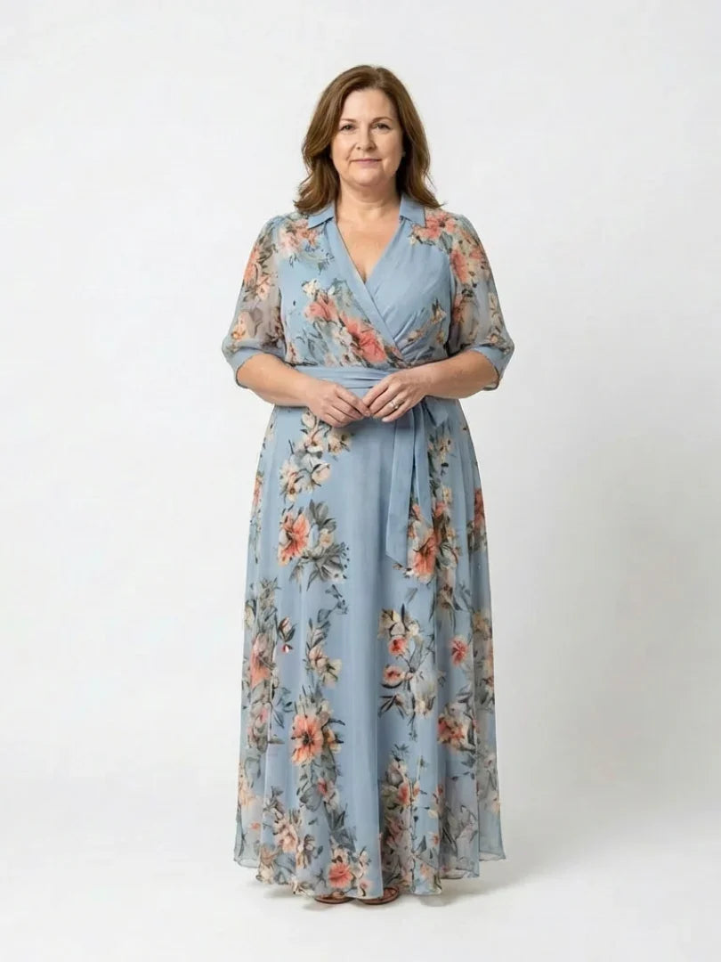Noor - Elegante Plus Size Maxi Jurk Dames met Wikkelmodel en Bloemenprint