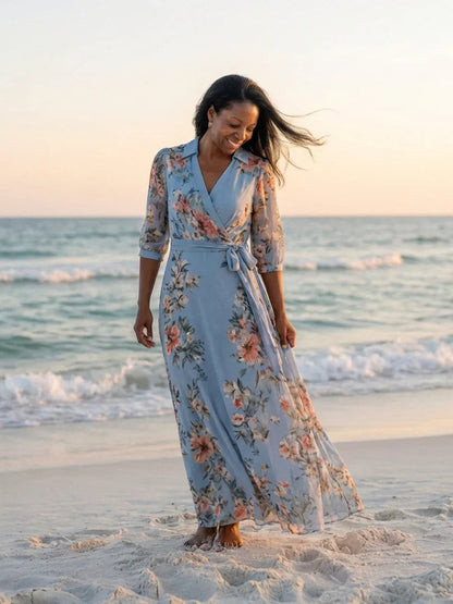 Noor - Elegante Plus Size Maxi Jurk Dames met Wikkelmodel en Bloemenprint