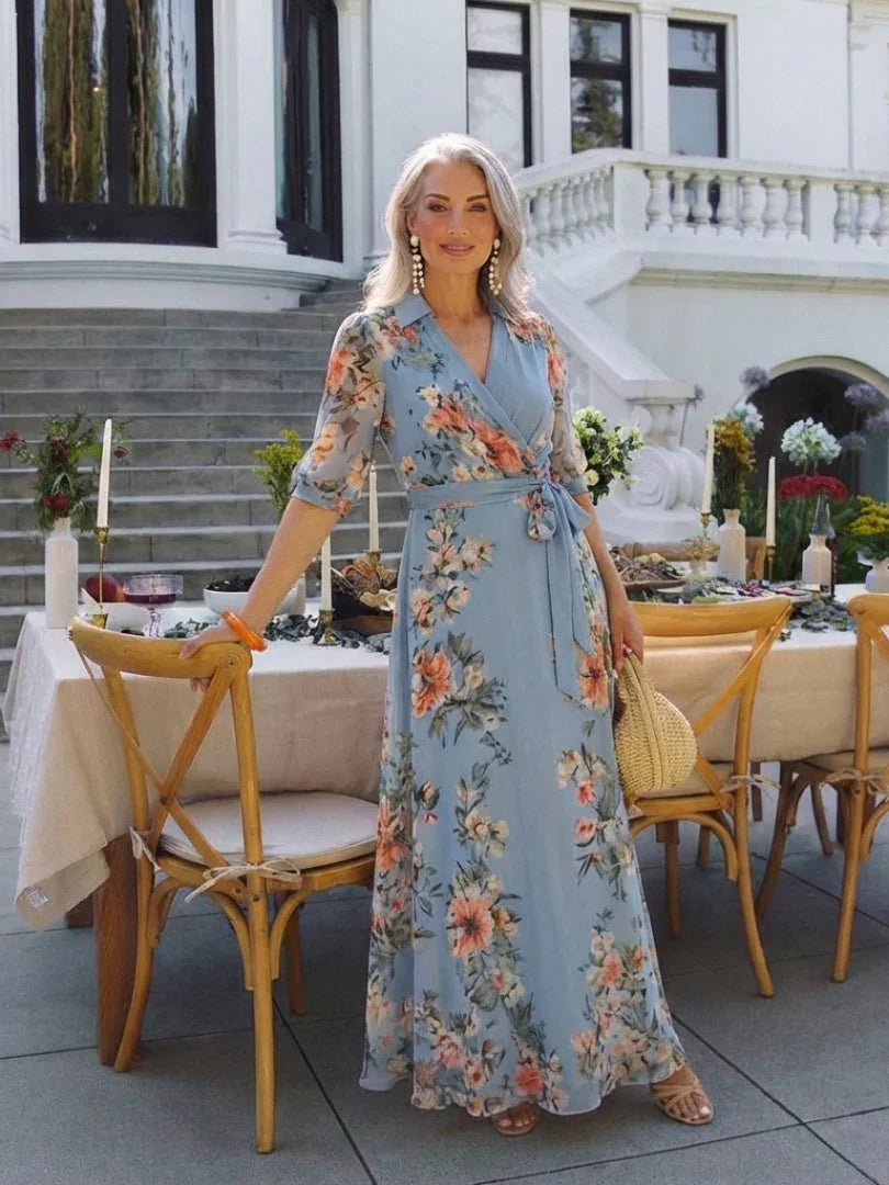 Noor - Elegante Plus Size Maxi Jurk Dames met Wikkelmodel en Bloemenprint