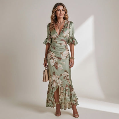 Noor - Romantische Maxi Jurk Dames met V-hals en Ruches Mouwen