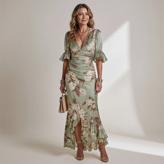 Noor - Romantische Maxi Jurk Dames met V-hals en Ruches Mouwen