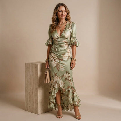 Noor - Romantische Maxi Jurk Dames met V-hals en Ruches Mouwen
