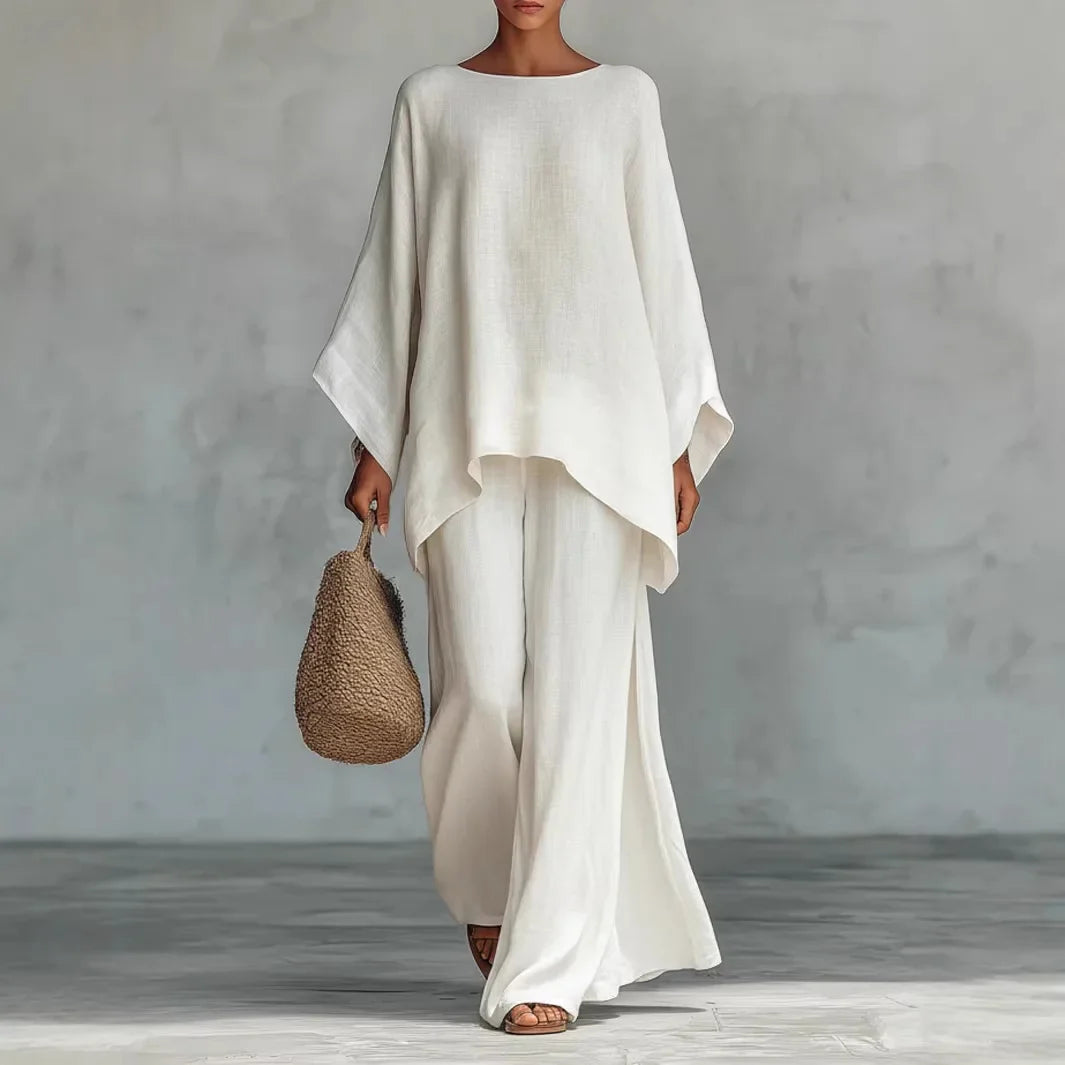 Noor - Stijlvolle Linnen Co-ord Set Dames met Vleermouwtop en Palazzo Broek
