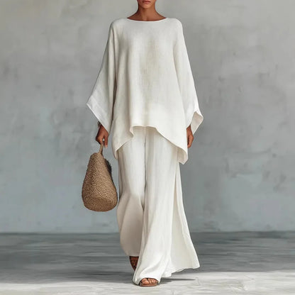 Noor - Stijlvolle Linnen Co-ord Set Dames met Vleermouwtop en Palazzo Broek