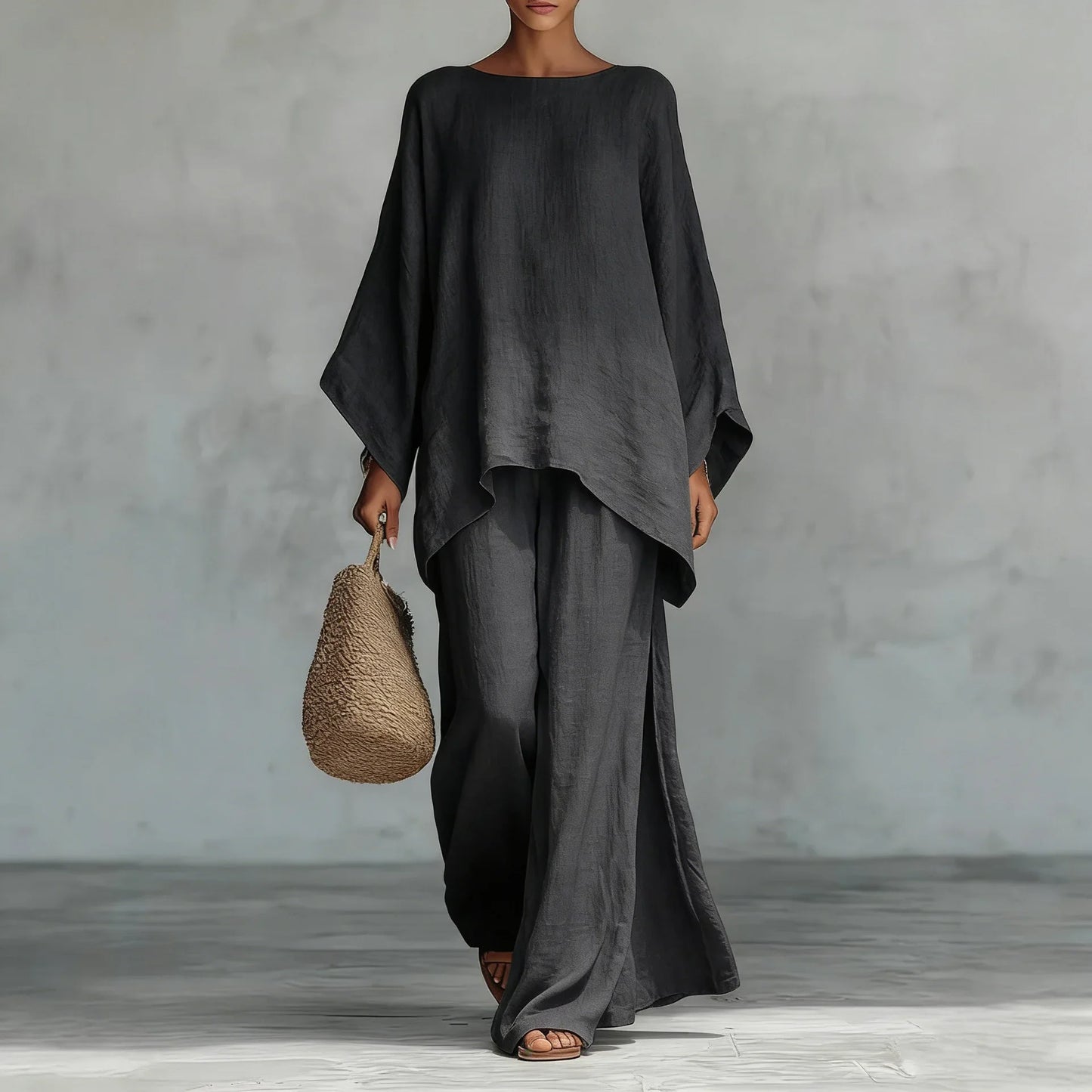 Noor - Stijlvolle Linnen Co-ord Set Dames met Vleermouwtop en Palazzo Broek