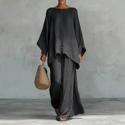 Noor - Stijlvolle Linnen Co-ord Set Dames met Vleermouwtop en Palazzo Broek