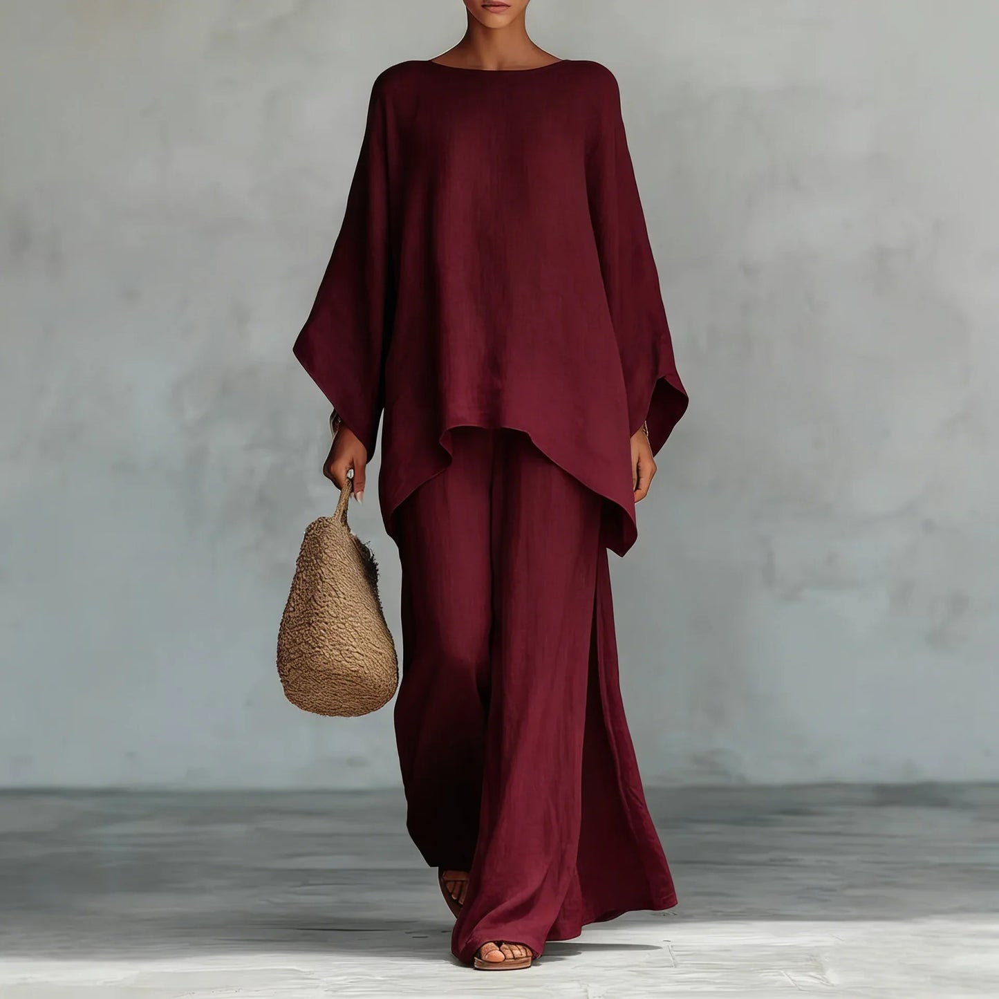 Noor - Stijlvolle Linnen Co-ord Set Dames met Vleermouwtop en Palazzo Broek