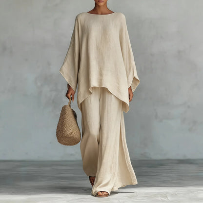 Noor - Stijlvolle Linnen Co-ord Set Dames met Vleermouwtop en Palazzo Broek