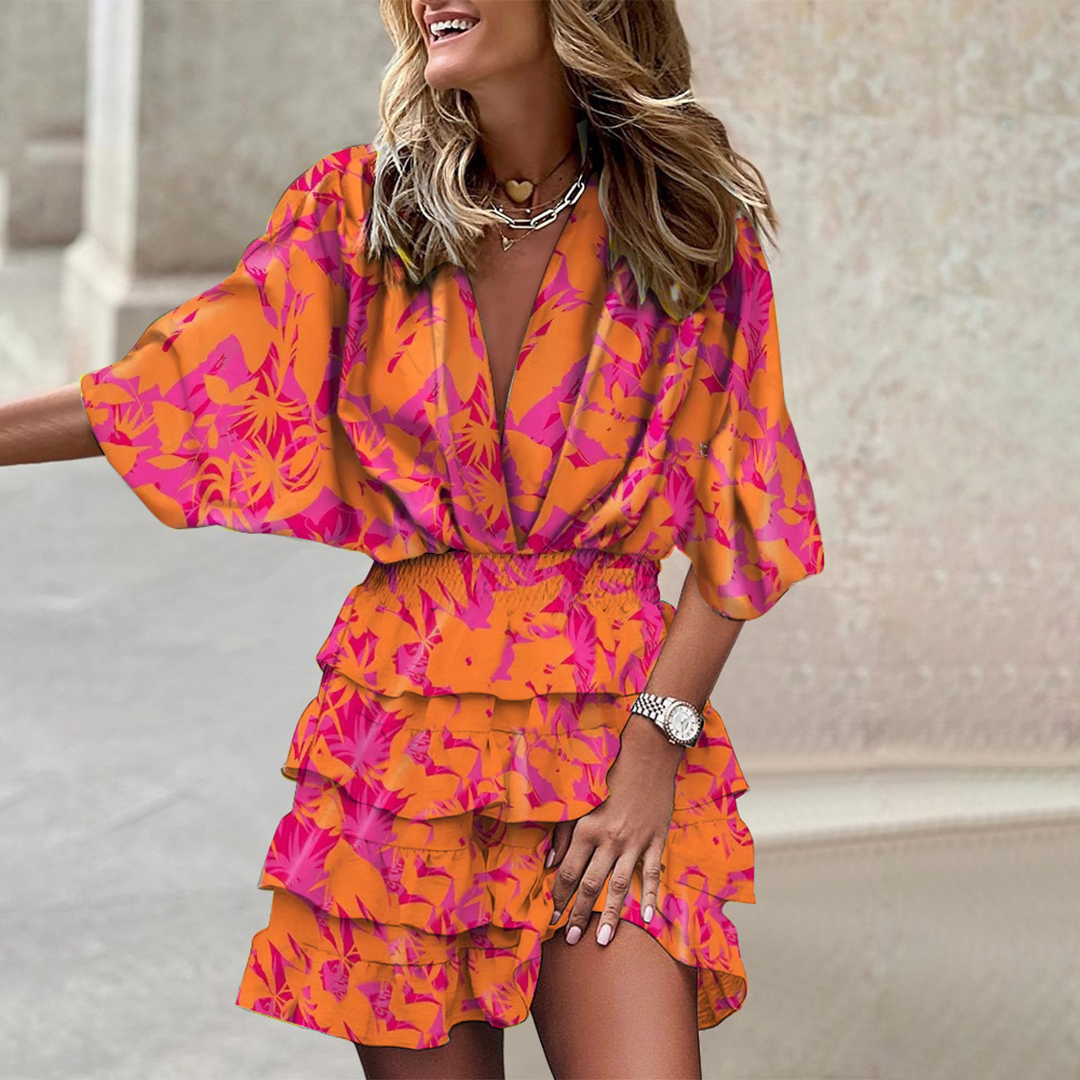 Jurk Dames - Diepe V-hals met Tropische Print en Ruches | Zomer