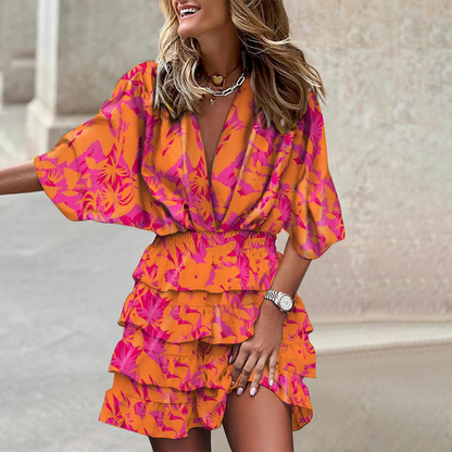 Jurk Dames - Diepe V-hals met Tropische Print en Ruches | Zomer