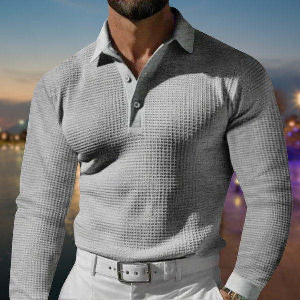 T Shirt Heren - Rekken Fit Polo met Lange Mouwen en Wafeltextuur | Elegant