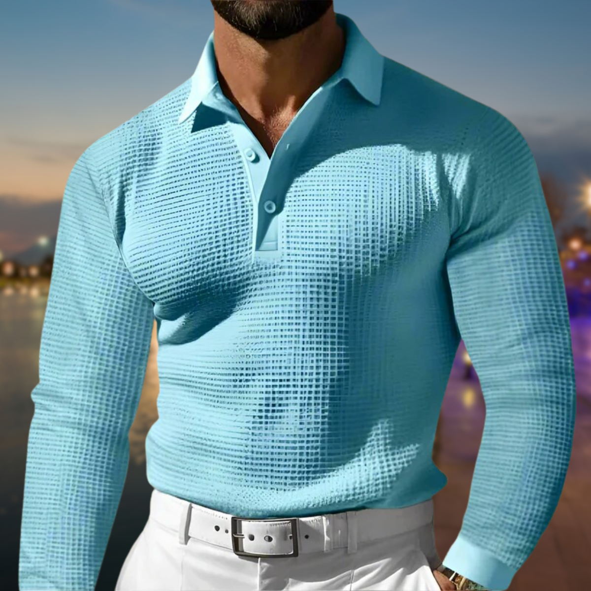 T Shirt Heren - Rekken Fit Polo met Lange Mouwen en Wafeltextuur | Elegant