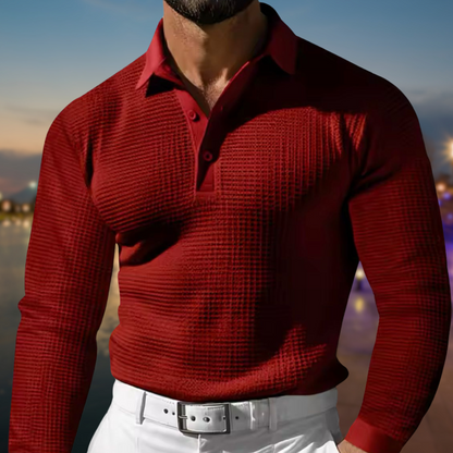T Shirt Heren - Rekken Fit Polo met Lange Mouwen en Wafeltextuur | Elegant