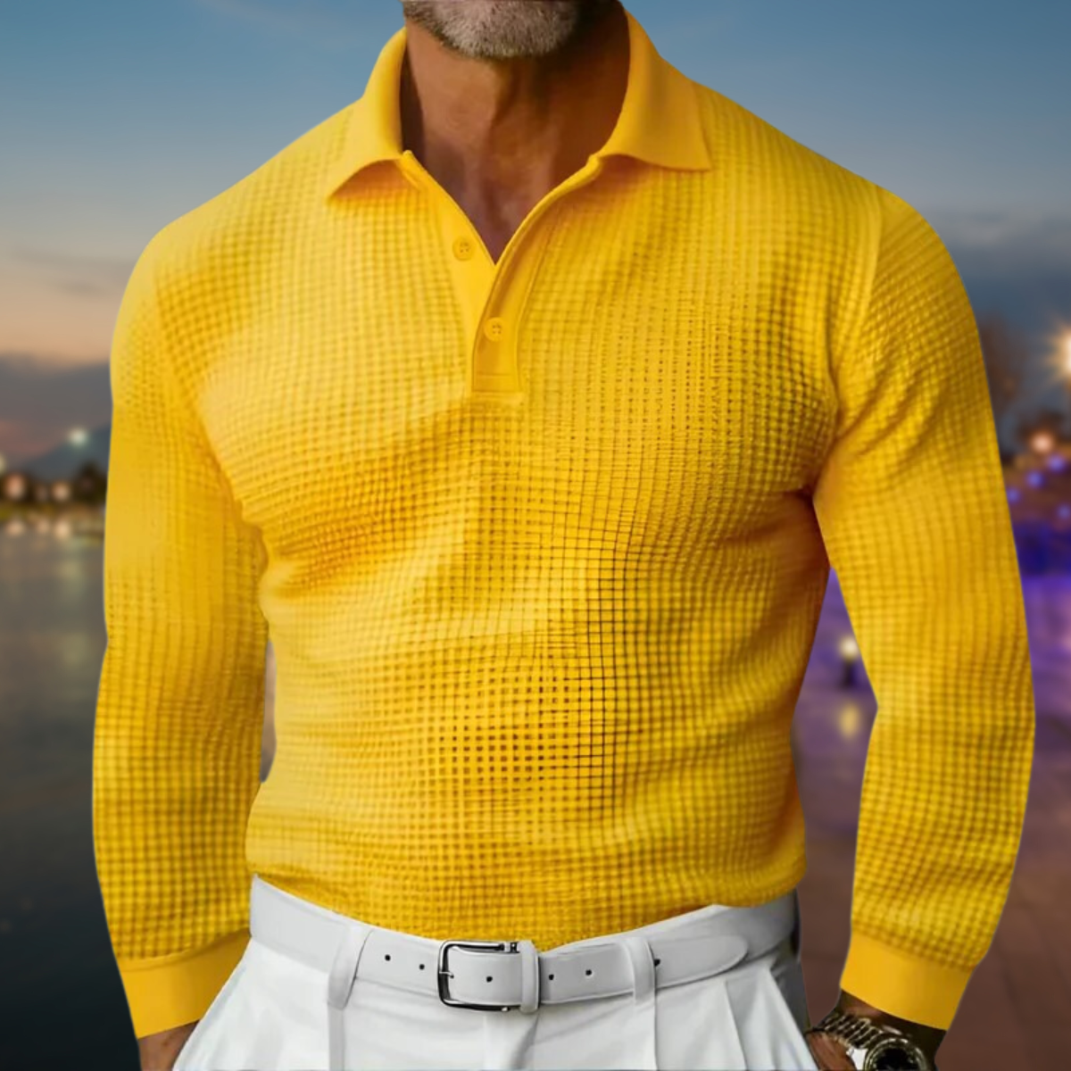 T Shirt Heren - Rekken Fit Polo met Lange Mouwen en Wafeltextuur | Elegant