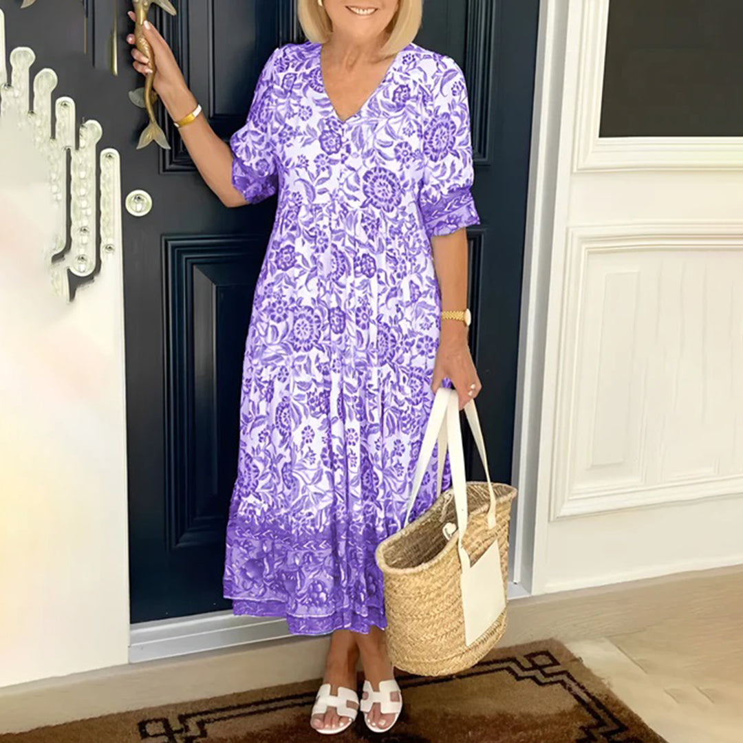 Midi Jurk Dames - Korte Mouwen met Bloemenprint | Zomer