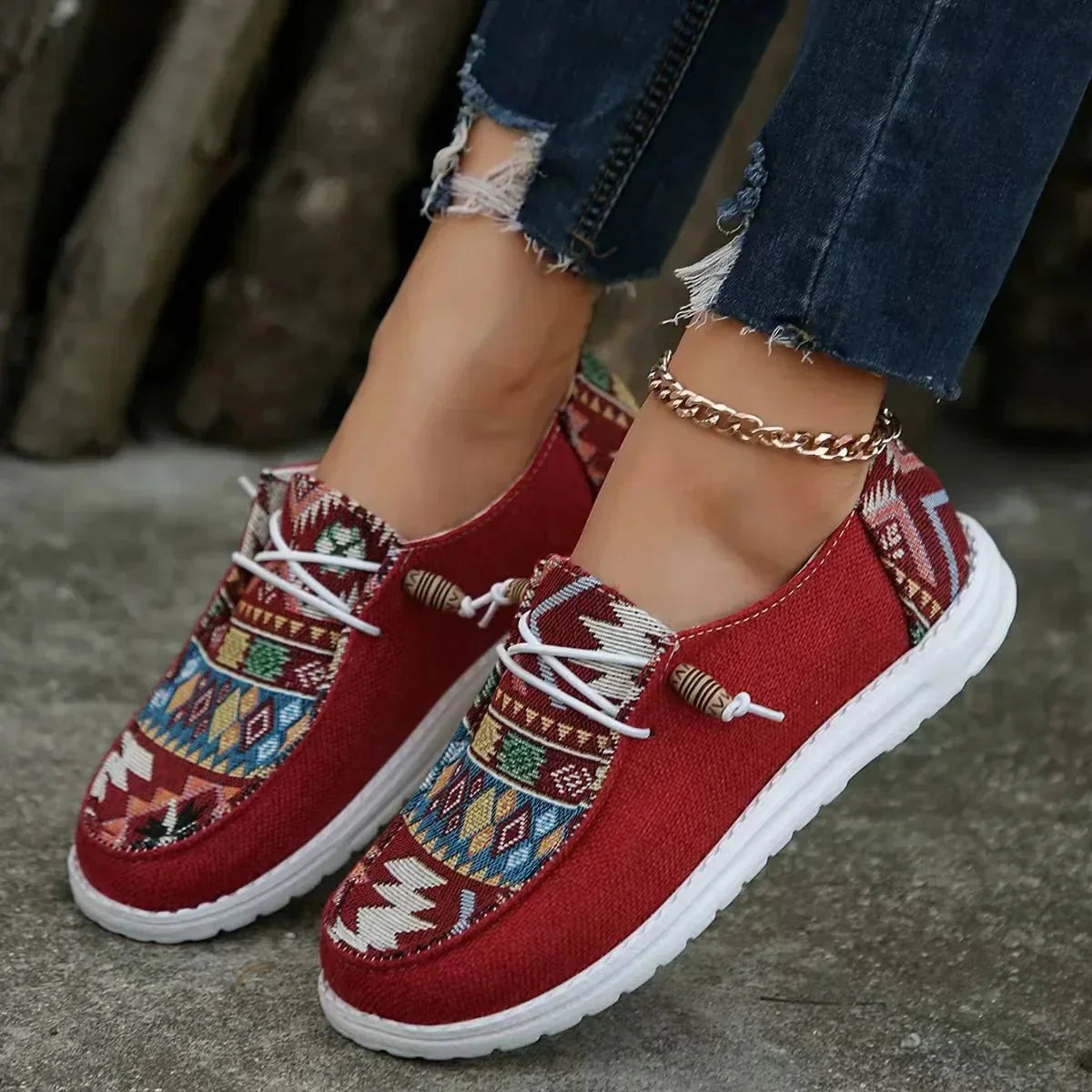 Roos - Boho Comfort Loafers Dames met Etnisch Patroon en Vetersluiting