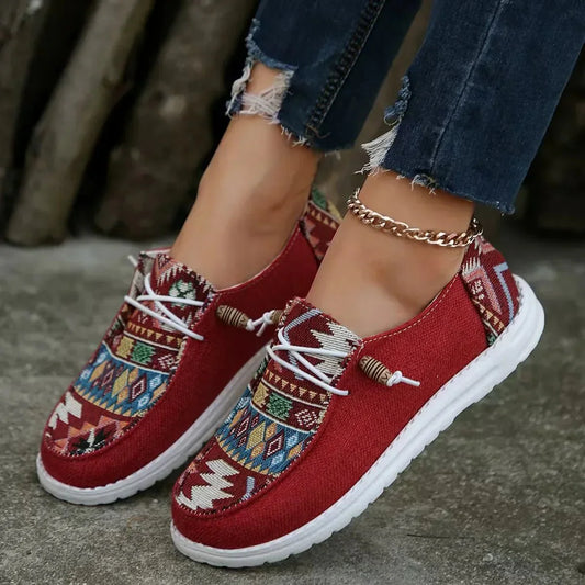 Roos - Boho Comfort Loafers Dames met Etnisch Patroon en Vetersluiting