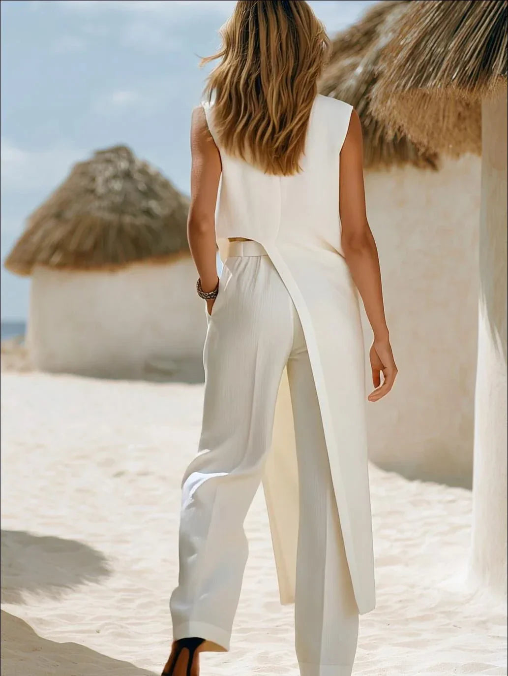 Roos - Casual Linnen Co-ord Set Dames met Mouwloze Top en Wijde Broek