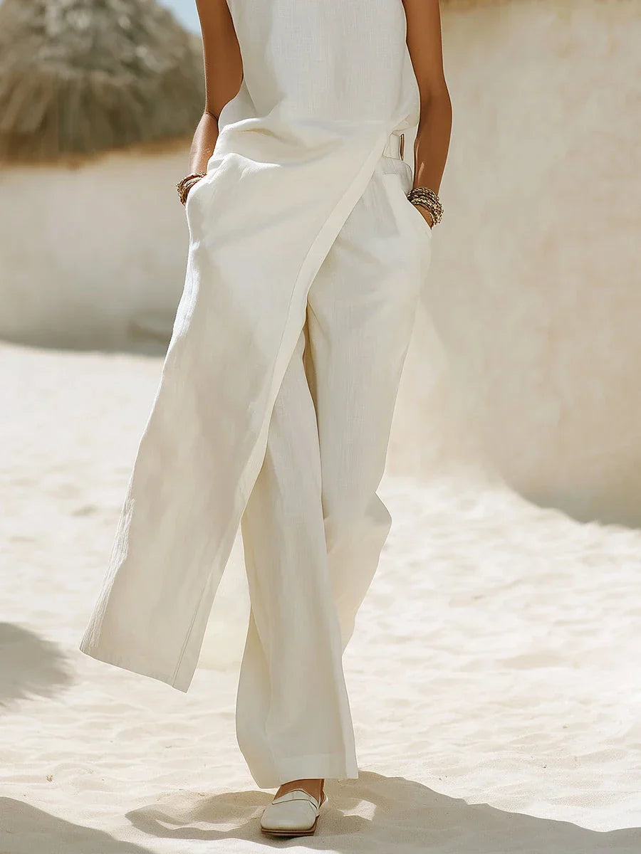 Roos - Casual Linnen Co-ord Set Dames met Mouwloze Top en Wijde Broek