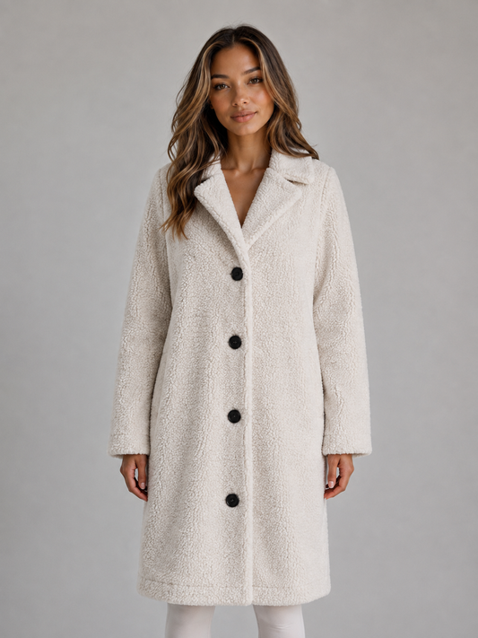 Roos - Dames Jas Lang Teddy Fleece Stijl met Reverskraag en Knopen