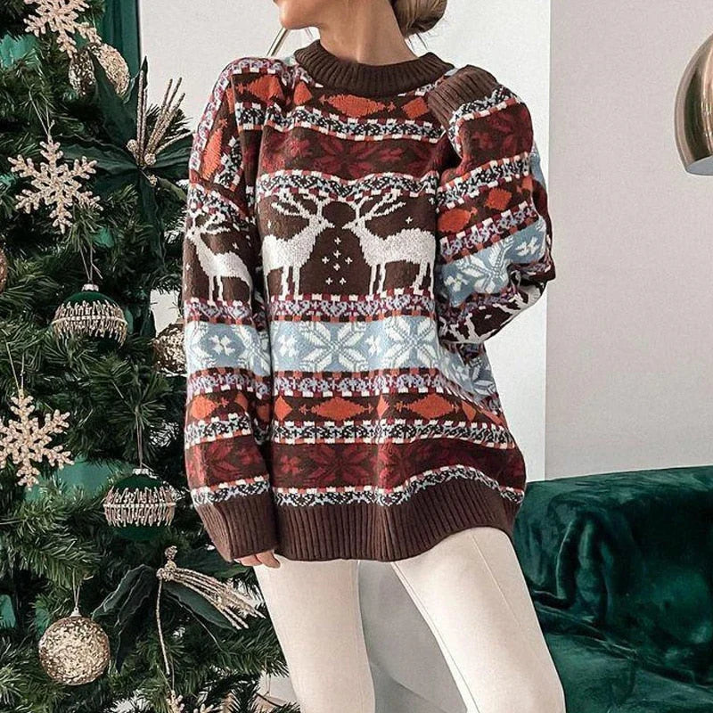 Roos - Dames Kersttrui Oversized met Rendier Patroon en Ribboorden