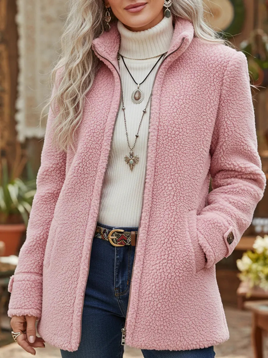 Roos - Dames Lange Teddy Jas Warm Fleece Stijl met Rits en Steekzakken