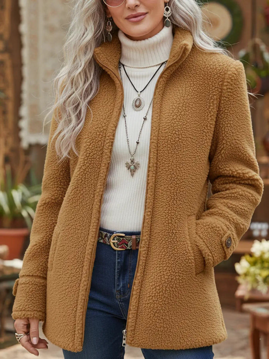 Roos - Dames Lange Teddy Jas Warm Fleece Stijl met Rits en Steekzakken